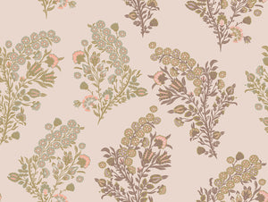 Baby Coromandel Flower wallpaper by Parker and Jules in beige and green, flat sample of small paisley flower sprays