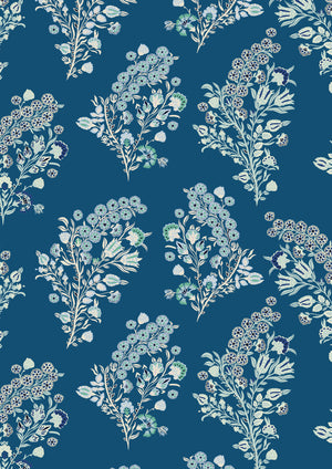 Baby Coromandel Flower wallpaper by Parker and Jules in blue, pattern sample of small paisley flower sprays