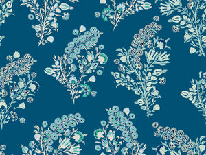 Baby Coromandel Flower wallpaper by Parker and Jules in blue, full repeat of small paisley flower sprays