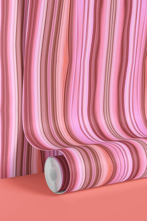 Bel Harbour wallpaper by Liberty James Studio in coral, sample roll showing varied stripes
