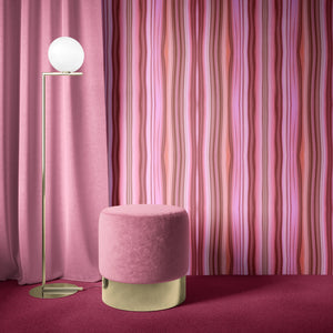Bel Harbour wallpaper by Liberty James Studio in coral, varied stripes in a living room