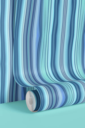 Bel Harbour wallpaper by Liberty James Studio in blue, roll showing varied stripes