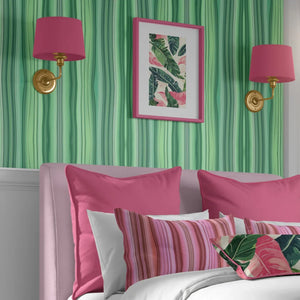 Bel Harbour wallpaper by Liberty James Studio in green, varied stripes in a bedroom