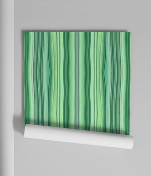 Bel Harbour wallpaper by Liberty James Studio in green, roll showing varied stripes
