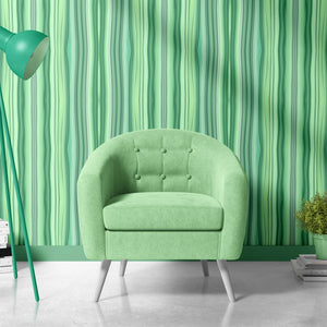 Bel Harbour wallpaper by Liberty James Studio in green, varied stripes in a living room