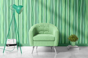 Bel Harbour wallpaper by Liberty James Studio in green, varied stripes in a living room