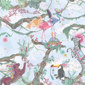 Balancing Act wallpaper by Brand McKenzie in blue, close-up of monkeys, toucans and flamingos in vines