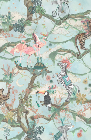 Balancing Act wallpaper by Brand McKenzie in mint green and pink, detail of monkeys, toucans and flamingos in vines