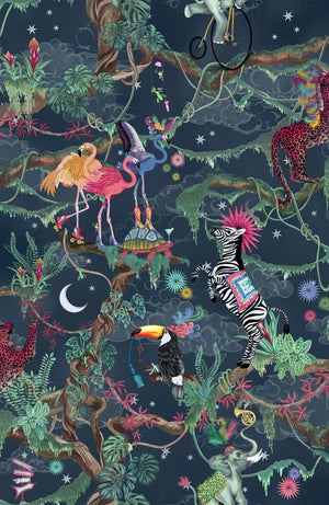 Balancing Act wallpaper by Brand McKenzie in navy, pattern detail of monkeys, toucans and flamingos in vines