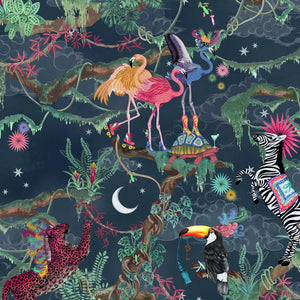 Balancing Act wallpaper by Brand McKenzie in navy, close-up of monkeys, toucans and flamingos in vines