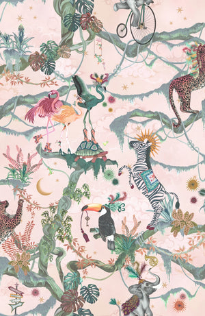 Balancing Act wallpaper by Brand McKenzie in pink, detail of monkeys, toucans and flamingos in vines