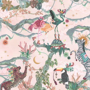 Balancing Act wallpaper by Brand McKenzie in pink, close view of monkeys, toucans and flamingos in vines