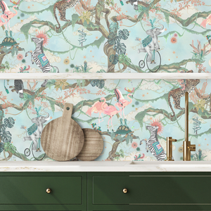 Balancing Act wallpaper by Brand McKenzie in mint green and pink above a cabinet (alternate view)