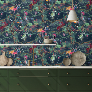 Balancing Act wallpaper by Brand McKenzie in mint green and pink behind a console table (alternate view)