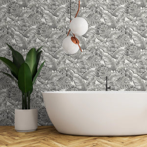 Banana Leaves Standard wallpaper by Brand McKenzie in black and white, banana leaves in a bathroom