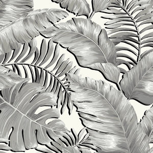 Banana Leaves Standard wallpaper by Brand McKenzie in black and white, full repeat of banana leaves