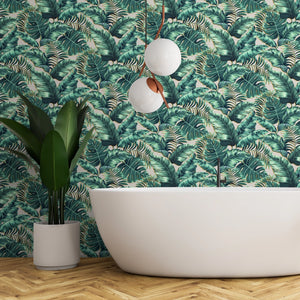 Banana Leaves Standard wallpaper by Brand McKenzie in pink, banana leaves in a bathroom setting