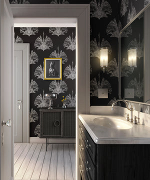 Leopard Crane wallpaper by Liberty James Studio in silver, mirrored cranes and leopards in a hallway