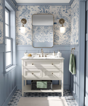 Daily Walk wallpaper by Studio Le Cocq in blue, a country toile in a bathroom