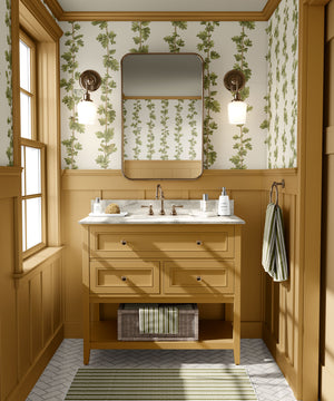 Hawthorn Stripe wallpaper by Studio Le Cocq in green, trailing hawthorn stripes on a bathroom wall