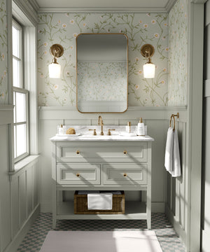 Daisy Chain wallpaper by Studio Le Cocq in pale green, trailing daisy chains in a bathroom