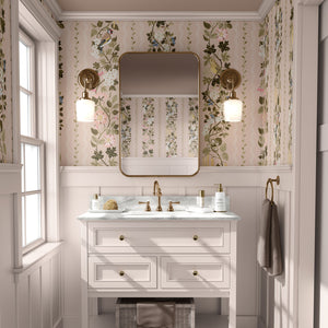 Hedgerows wallpaper by Studio Le Cocq in pink, hedgerow flowers and birds in stripes in a bathroom