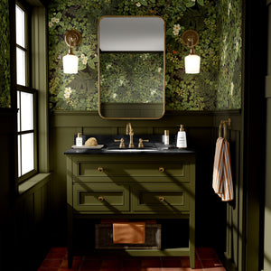 Woodland Floor Wallpaper on Parchment wallpaper by Studio Le Cocq in dark green, woodland flowers and ferns in a bathroom