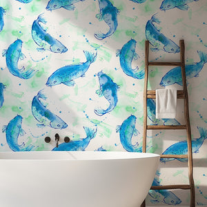 Shoal of Fish wallpaper by Seed Home Designs in blue and green, watercolour fish in a bathroom