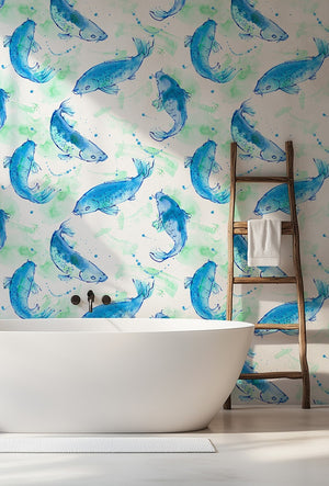 Shoal of Fish wallpaper by Seed Home Designs in blue and green, watercolour fish in a bathroom