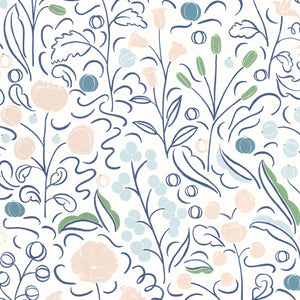 Beatrice linen by Claire de Quénetain in blue, full repeat of a hand-painted floral design