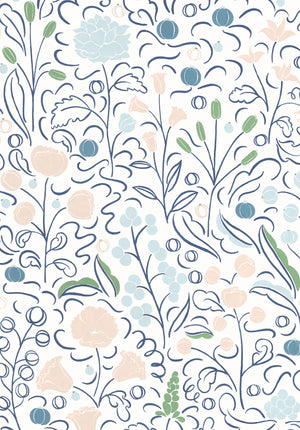 Beatrice linen by Claire de Quénetain in blue, full repeat of a hand-painted floral design