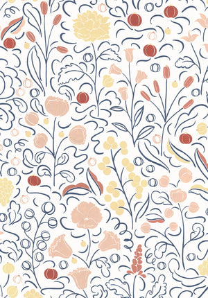 Beatrice linen by Claire de Quénetain in red, flat sample of a hand-painted floral design