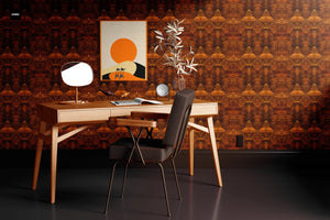 Beau Burr wallpaper by Liberty James Studio in brown and orange, a burr wood grain design behind a desk in a home office