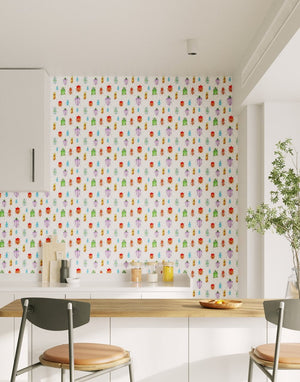 Beetle wallpaper by Seed Home Designs in red, blue and green, watercolour beetles in a bathroom
