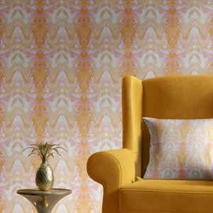 Bel Air Blossom wallpaper by Liberty James Studio in apricot, a mirrored blossom design in a living room