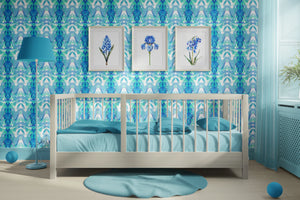 Bel Air Blossom wallpaper by Liberty James Studio in blue, a mirrored blossom design in a child's room