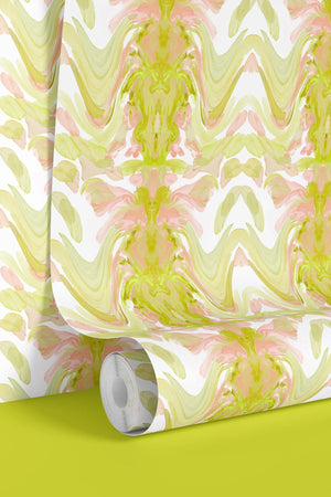 Bel Air Blossom wallpaper by Liberty James Studio in yellow-green, roll showing a mirrored blossom design