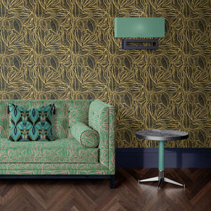Agnes Lustre velvet by Tatie Lou in green and pink, swirling wave lines in a living room