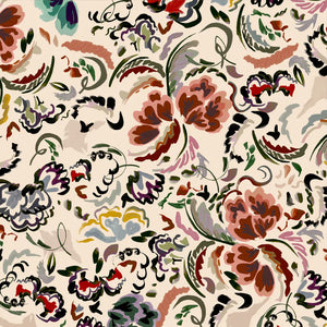 Bloomsbury Petite linen by Parker and Jules in cream and red, flat sample of painterly flowers