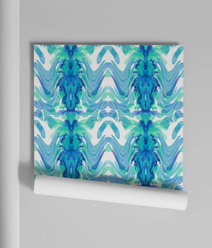 Bel Air Blossom wallpaper by Liberty James Studio in blue, sample roll showing a mirrored blossom design