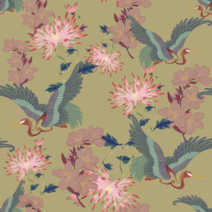 Blossom Dandelion wallpaper by Tatie Lou in yellow, full repeat of blossoms and birds
