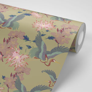 Blossom Dandelion wallpaper by Tatie Lou in yellow, roll showing blossoms and birds