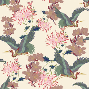 Blossom Ice Cream wallpaper by Tatie Lou in cream and pink, flat sample of blossoms and birds