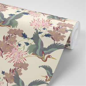 Blossom Ice Cream wallpaper by Tatie Lou in cream and pink, full repeat of blossoms and birds