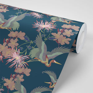 Blossom Midnight wallpaper by Tatie Lou in navy, roll showing blossoms and birds