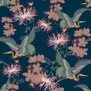 Blossom Midnight wallpaper by Tatie Lou in navy, full repeat of blossoms and birds