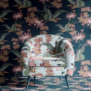 Blossom Midnight wallpaper by Tatie Lou in navy, blossoms and birds in a living room