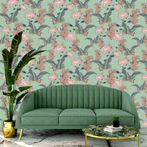 Blossom Mint wallpaper by Tatie Lou in mint green, blossoms and birds in a living room