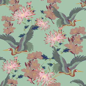 Blossom Mint wallpaper by Tatie Lou in mint green, full repeat of blossoms and birds