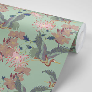 Blossom Mint wallpaper by Tatie Lou in mint green, roll showing blossoms and birds